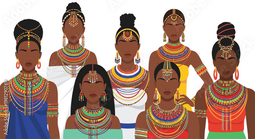 Seven elegant African women stand together wearing magnificent multi-colored beaded necklaces and ornate golden headpieces against a stark white area.