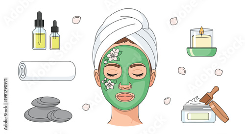 A relaxed woman with a white head towel and a floral green face mask enjoys a spa experience surrounded by stones and candles on a white studio floor.