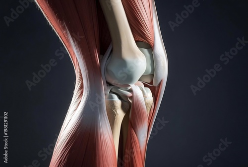 An anatomical illustration of a human knee joint, highlighting the surrounding muscles and bones.