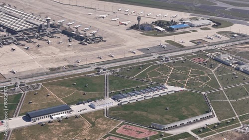 Aerial view of private jets at the airport. Drone footage of planes parked at the airport, Istanbul, Turkey.