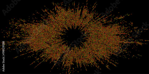 A vibrant abstract black grunge background features a glowing circular fractal pattern with energetic light particles exploding in a space-themed artistic design