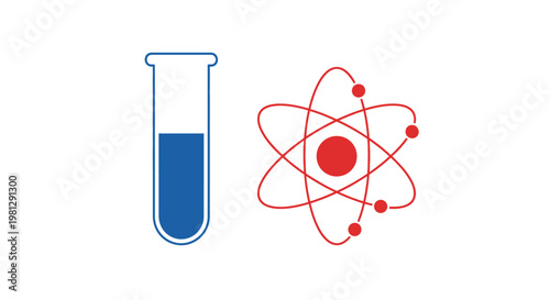 Illustrated depiction of a chemical experiment with a test tube and an atomic model