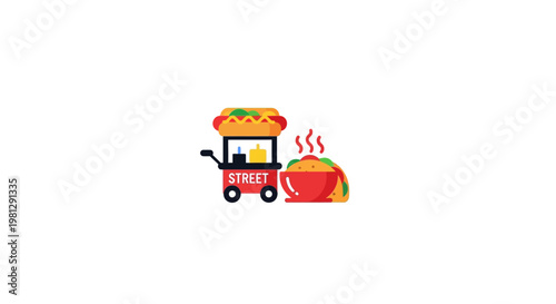 Illustration depicting a street food cart and delicious meal, ideal for culinary contexts