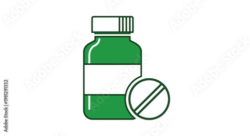 Medical illustration depicting medication pills and a bottle with clear graphic design