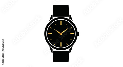 Minimalist black and gold wristwatch illustration on white background, time concept