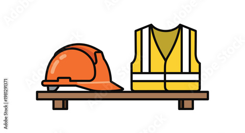 An orange industrial safety helmet and a yellow reflective vest rest upon a simple brown wooden shelf against a stark white minimalist background.