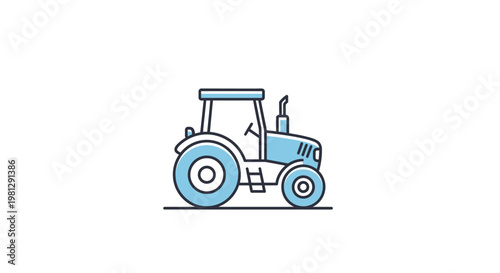 Minimalist blue tractor illustration depicting agriculture and rural landscape scenes