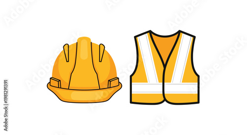 A professional yellow construction hard hat and a high-visibility safety vest with reflective silver bands are displayed against a clean white background.
