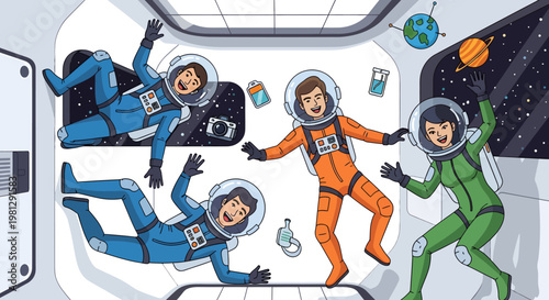 Astronauts floating in zero gravity inside a spaceship