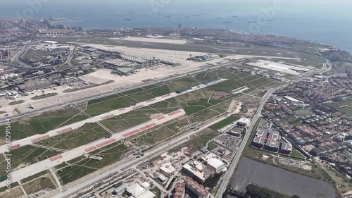 Aerial view of private jets at the airport. Drone footage of planes parked at the airport, Istanbul, Turkey.