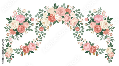 Elegant floral archway adorned with delicate roses and lush green leaves, perfect for wedding decorations