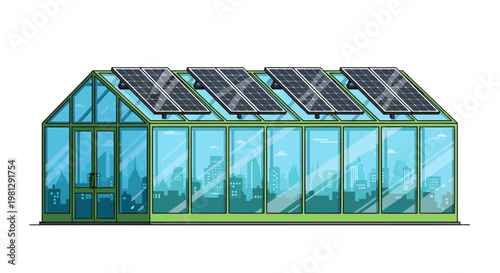 Sustainable solar powered greenhouse with green frame and blue panels