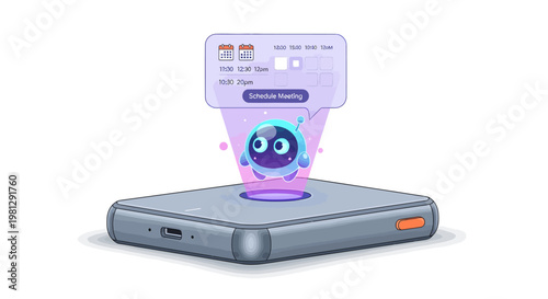 Cute cartoon robot emerging from smartphone screen with cheerful expression