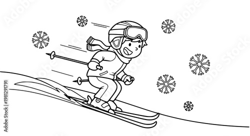 Cartoon kids skiing coloring page vector with simple winter sport scene for children isolated on white background