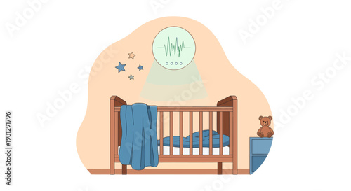 Baby crib with blue blanket and toys in nursery room
