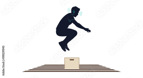 Man jumping over box obstacle on striped floor in silhouette