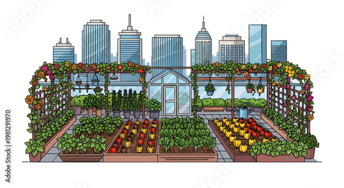 Vibrant Urban Garden Oasis with City Skyline Background