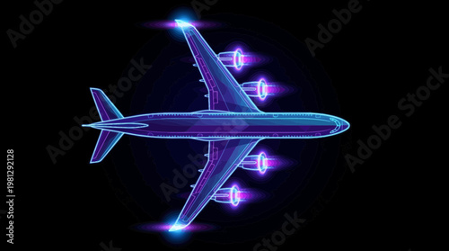 Aerial topview of an isolated airplane in aviation with glowing engines.