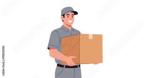 A cheerful delivery man dressed in a professional gray uniform and matching cap holds a large brown cardboard package against a white background.