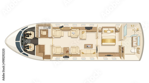 Topview of a luxury yacht interior layout with airplane-inspired design elements