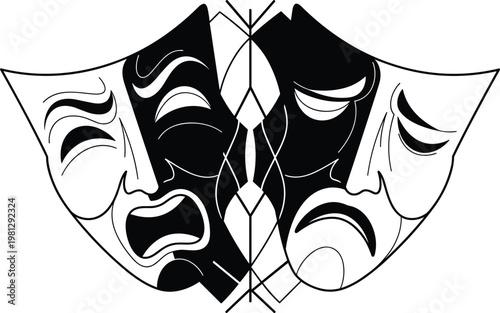 Dramatic masks symbolism a black and white illustration of tragedy and comedy faces combined