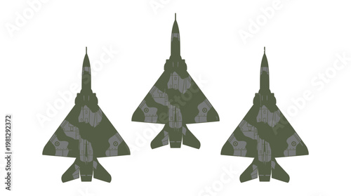 Three military aircraft in aerial vector form viewed from top isolated