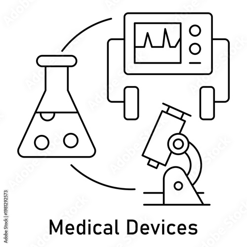 Biomedical Devices Outline Icon with Testing Tools