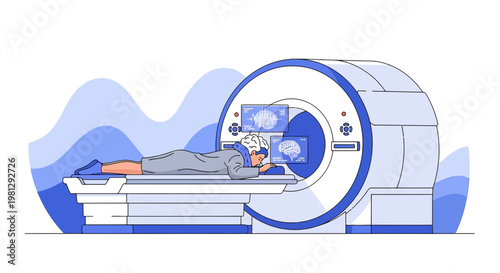 Patient undergoing MRI scan for brain imaging in a modern medical facility.