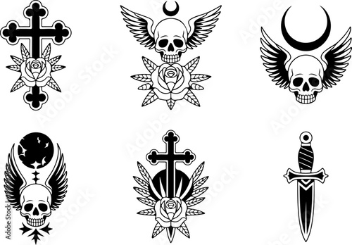 Vintage Tattoo Icon Vector Set – Skull Hat Anchor Dagger Pipe Pocket Watch Collection