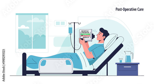 Patient recovering in hospital bed, post-operative care, monitoring vital signs