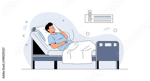 Patient recovering in hospital bed, medical care, healthcare concept