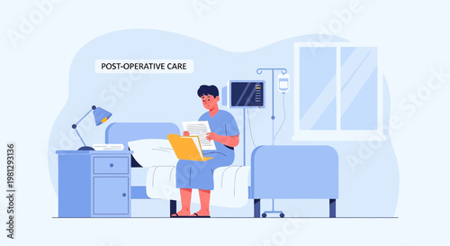 Patient recovering in hospital bed, reading documents with laptop during post-operative care