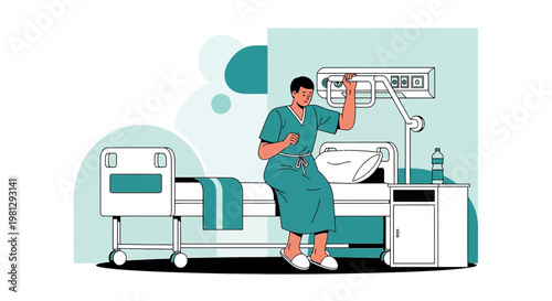 Patient recovering in hospital bed, raising hand in a gesture of triumph and hope