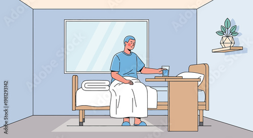 Patient recovering in hospital bed, receiving glass of water
