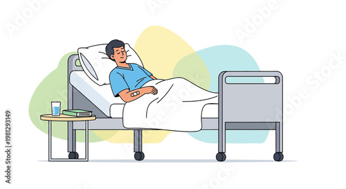 Patient recovering in hospital bed, receiving medical care and treatment.