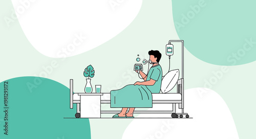 Patient recovering in hospital bed, using phone, receiving IV drip, medical care concept