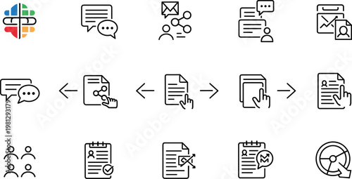 Business Communication and Document Sharing Icons Set for Collaboration, Data Flow, and Team Interaction