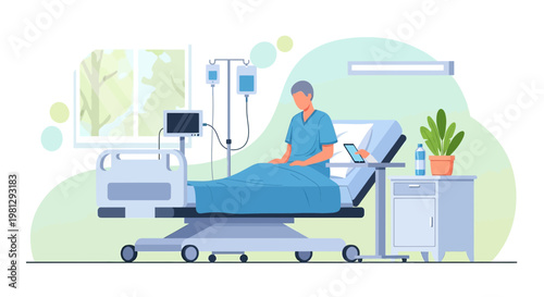 Patient recovering in hospital bed, using tablet, with IV drip and monitor