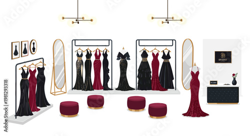 An opulent evening gown boutique interior showcases elegant black and crimson dresses on gold racks alongside plush velvet ottomans and sophisticated golden mirrors.