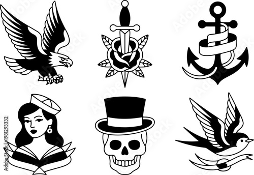 Vintage Tattoo Icon Vector Set – Skull Hat Anchor Dagger Pipe Pocket Watch Collection