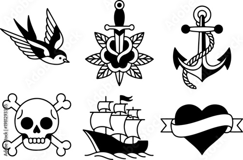 Vintage Tattoo Icon Vector Set – Skull Hat Anchor Dagger Pipe Pocket Watch Collection