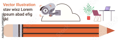 Data security, creativity, workspace design, education, technology tools, surveillance. Surveillance camera over a cloud and pencil with workspace in the background. Data security and creativity