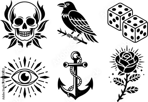 Vintage Tattoo Icon Vector Set – Skull Hat Anchor Dagger Pipe Pocket Watch Collection