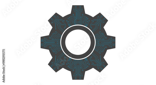 Digital gear with circuit board pattern representing technology and innovation on white background