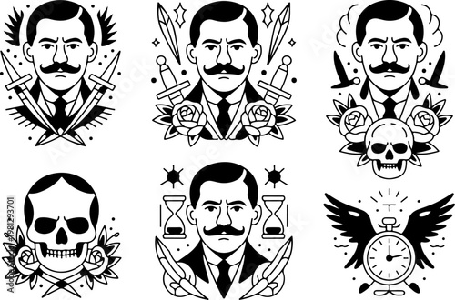 Vintage Tattoo Icon Vector Set – Skull Hat Anchor Dagger Pipe Pocket Watch Collection