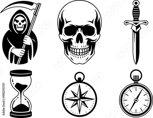 Vintage Tattoo Icon Vector Set – Skull Hat Anchor Dagger Pipe Pocket Watch Collection