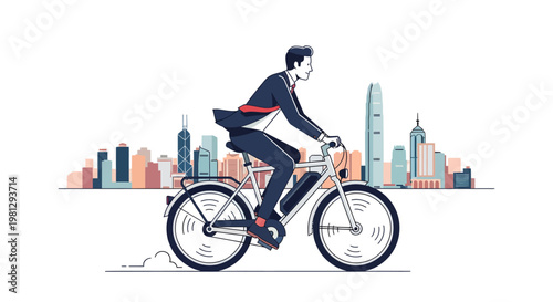 Businessman riding bicycle in cityscape illustration