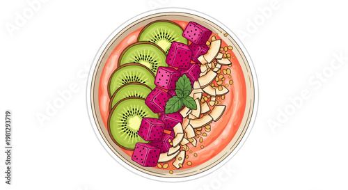 Vibrant fruit salad bowl with kiwi, dragon fruit, and nuts illustration
