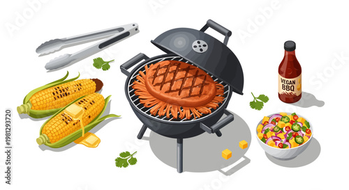 BBQ grill with food and utensils on white background