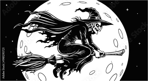 Witch Flying on a Broomstick Silhouette with Full Moon – Spooky Halloween Illustration
